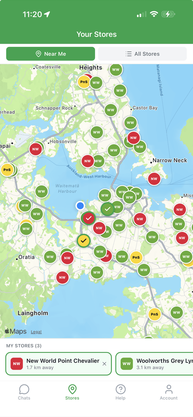 Map of New Zealand showing every New World, Pak'nSave and Woolworths supermarket — 388 stores nationwide