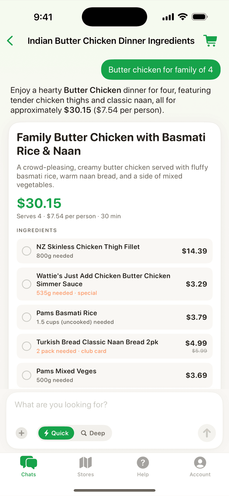 ShopIt AI meal planner showing recipe ingredients with NZ supermarket prices