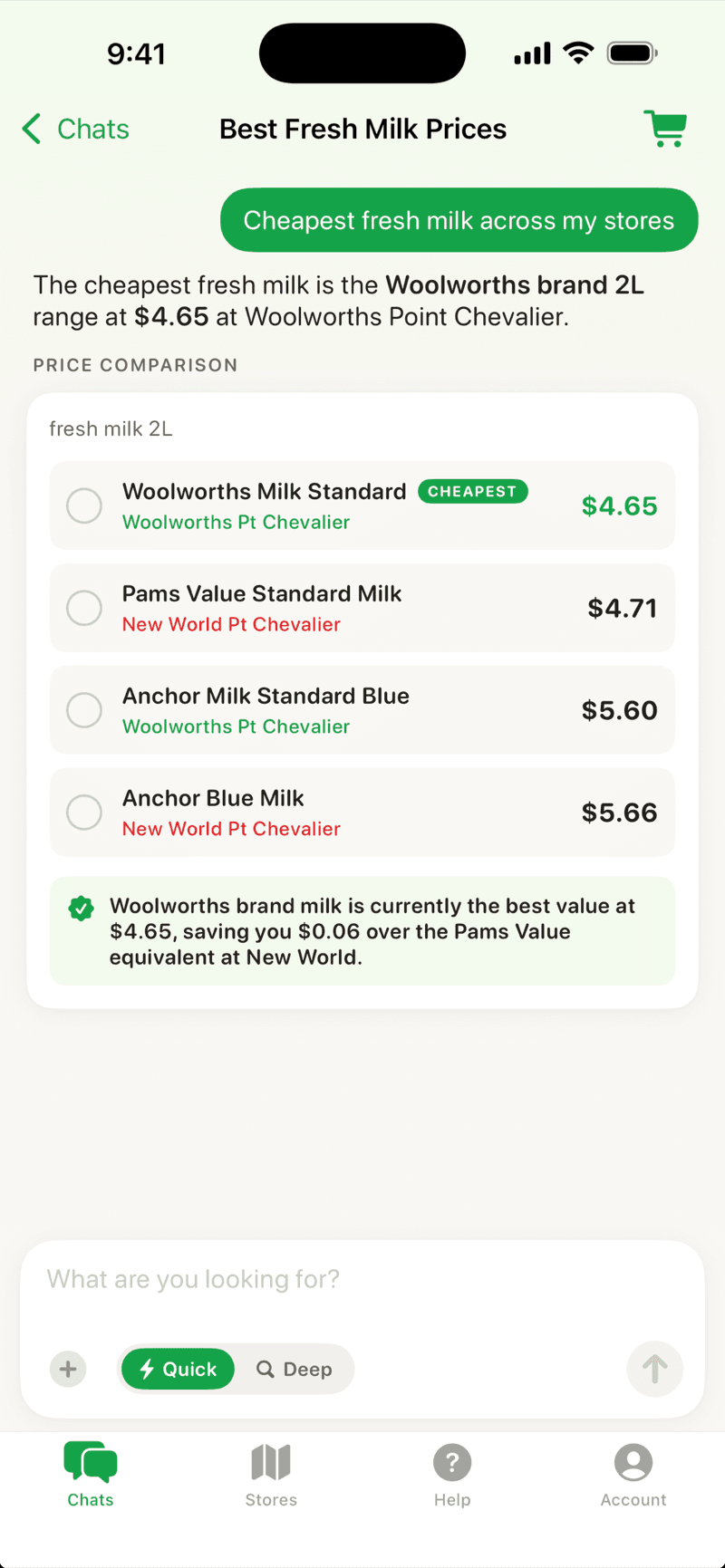 ShopIt iOS app comparing milk prices across New World, Pak'nSave and Woolworths in New Zealand